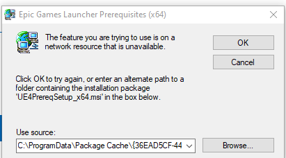 UE4PrereqSetup_x64.msi not found Network Ressource