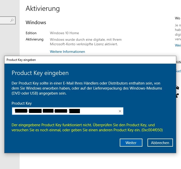 Win10-Version wechseln mit Product Key