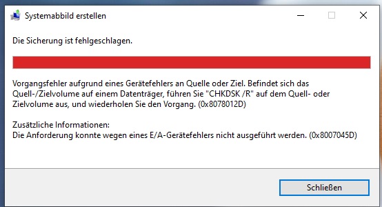 Windows 10 Sicherung konnte wegen E/A-Gerätefehler 0x8007045D nicht erfolgen
