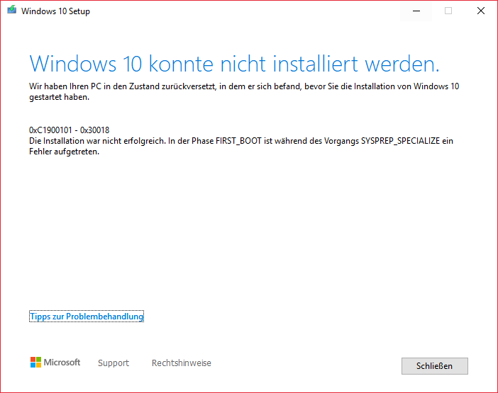 Windows 10 Update von 1803 auf 1909 schlägt immer wieder fehl.