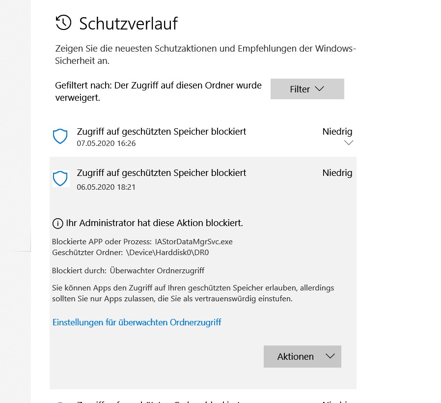 Seit einigen Tagen öfters Meldung von Ransomware-Schutz zu:    IAStorDataMgrSvc.exe