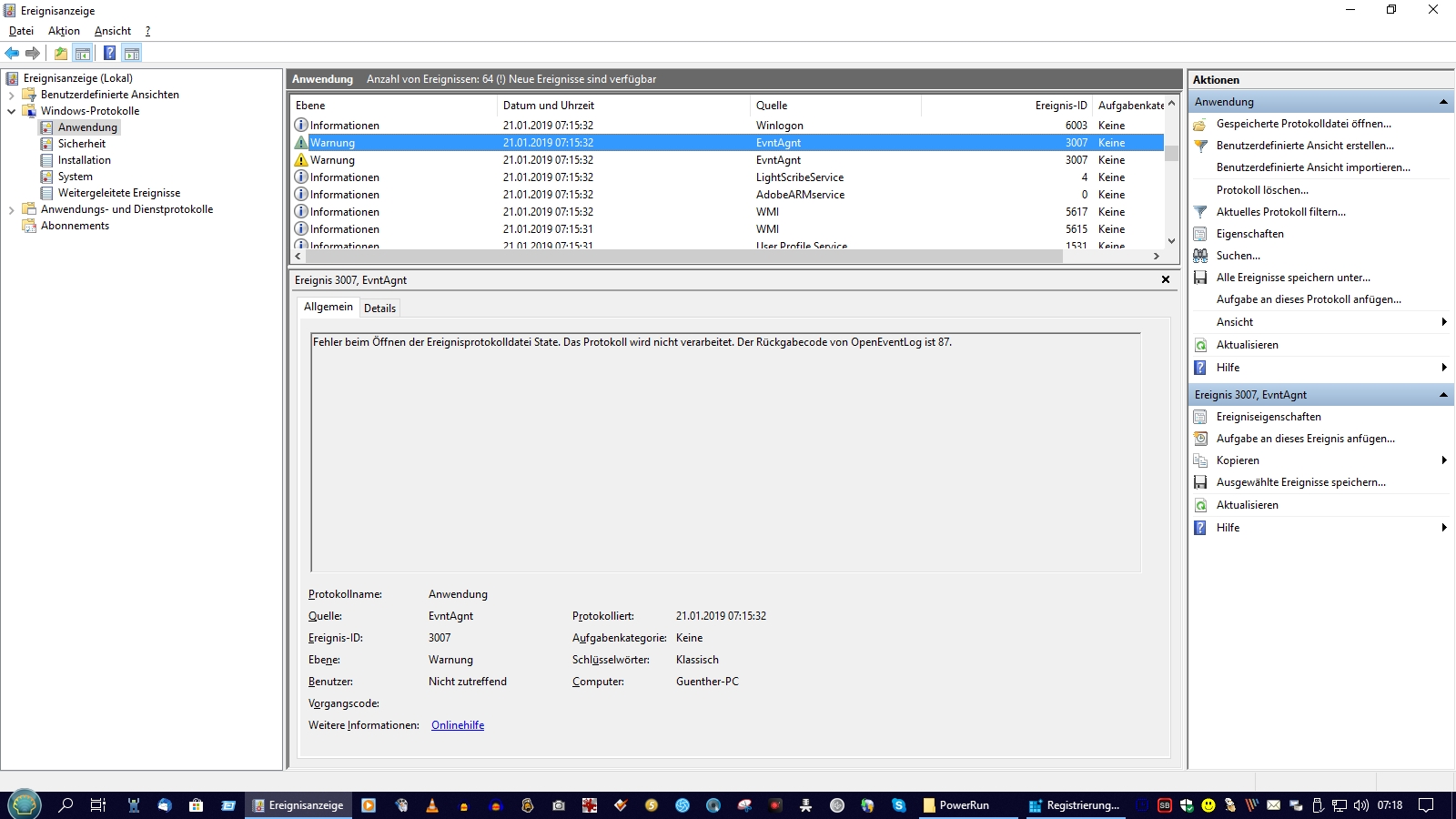 Fehler 3007 in Anwendungen und 1500 in System in der Ereignisanzeige