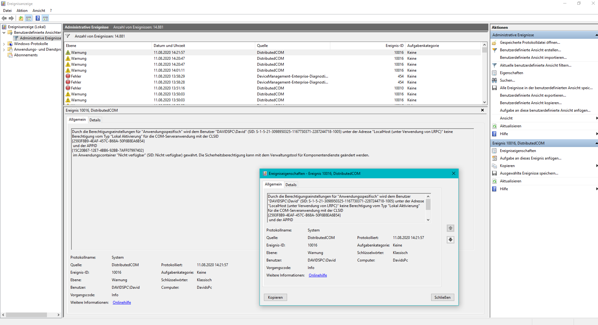 Ereignis ID 10016 und 454