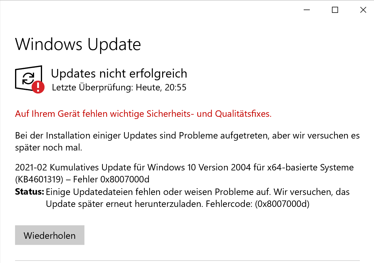 Zum 6ten mal funktioniert Update nicht mit Fehler: 0x8007000d