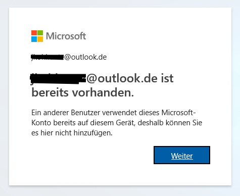 Online Konto - Ein anderer Benutzer verwendet dieses Microsoft-konto bereits auf diesem Gerät