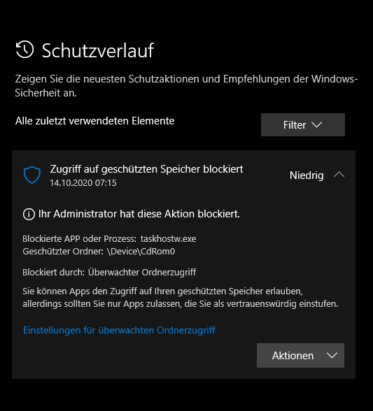 Windows Sicherheit - Viren-& Bedrohungsschutz - Schutzverlauf - geschützter Speicher