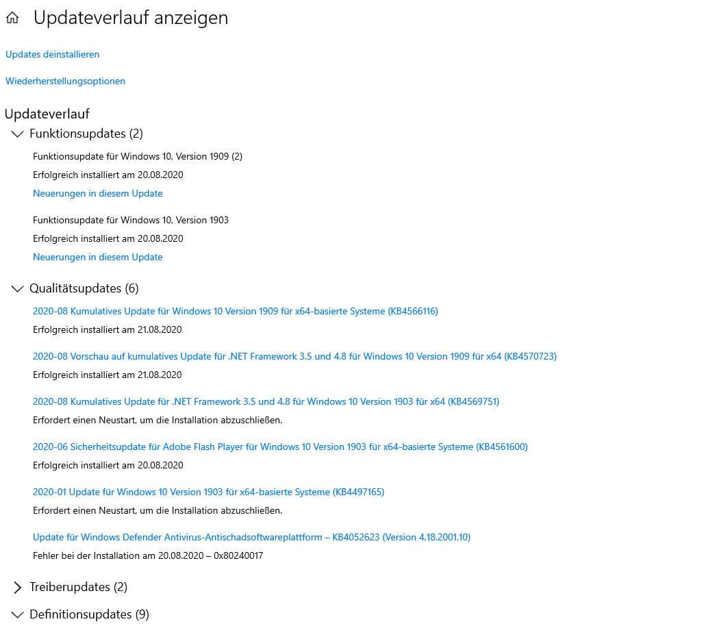 Fehlerrmeldung nach updates