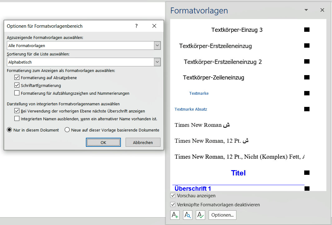 Symbol Formatvorlagentyp erscheint nicht in das Formatvorlagenfenster eines Word-Dokument