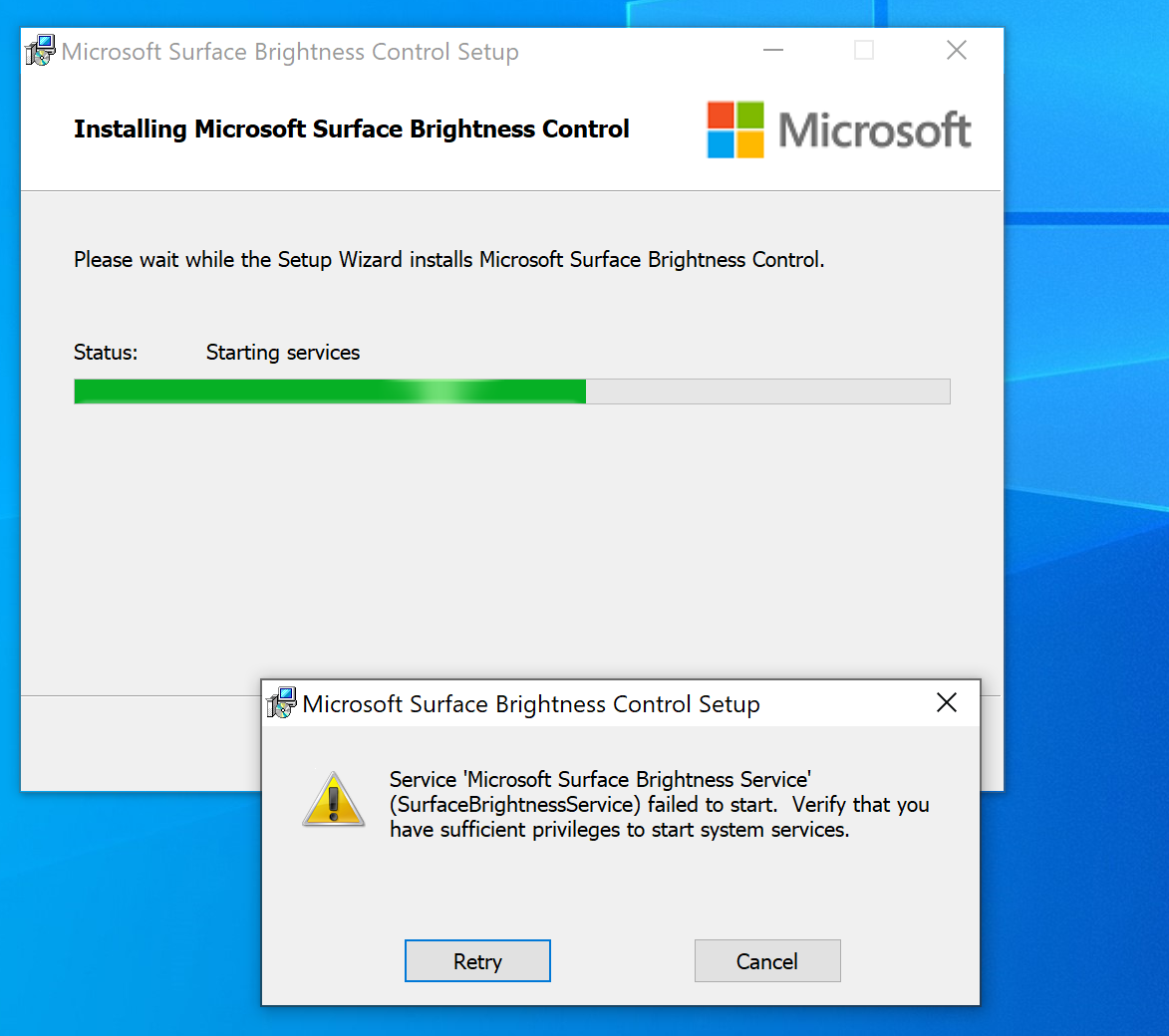 Surface Brightness Control, Dienst kann während Installation nicht gestartet werden
