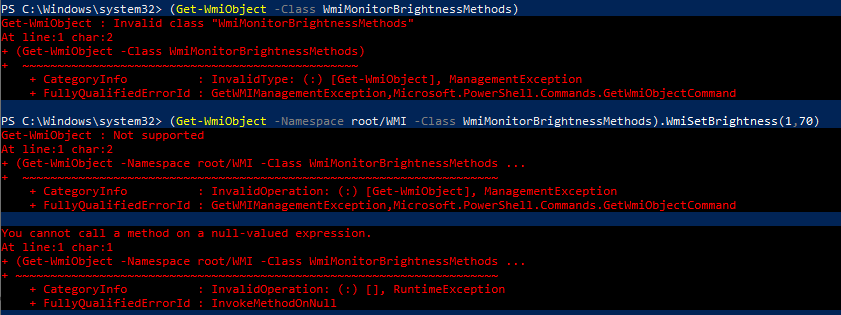 Cannot change brightness: Get-WmiObject : Invalid class "WmiMonitorBrightnessMethods"