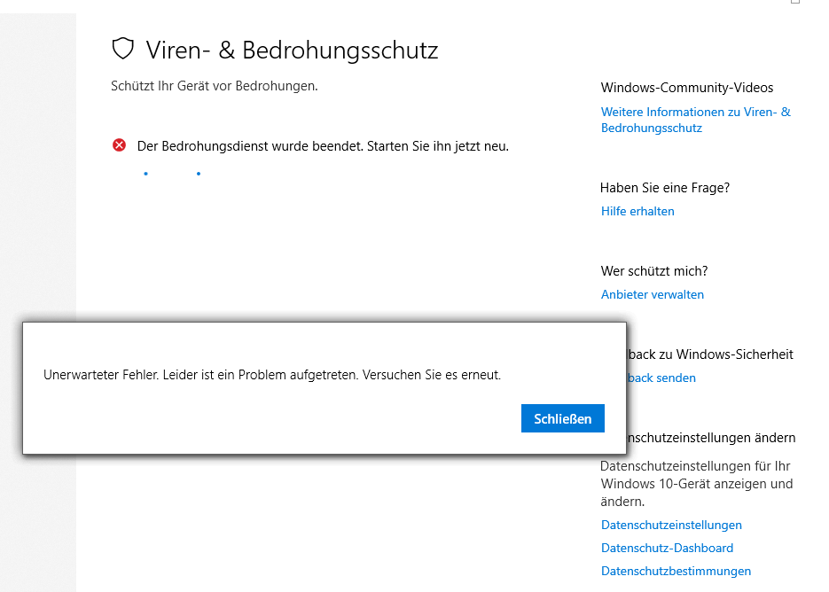 Der Bedrohungsdienst wurde beendet. Starten Sie ihn jetzt neu.