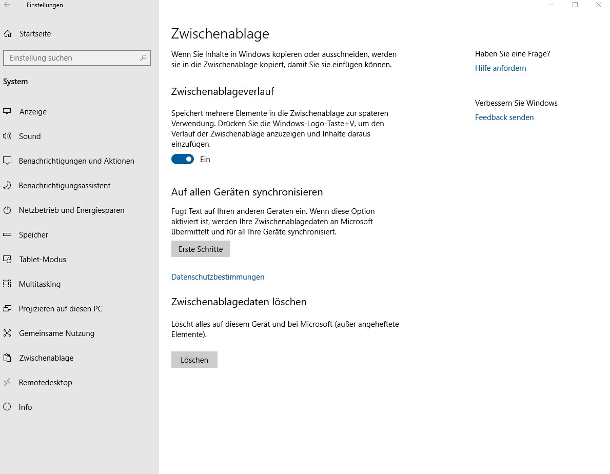 Zwischenablage Windows 10 Version 1709