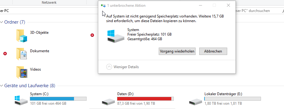 Dateien von Hauptfestplatte auf externe Festplatte übertragen schlägt fehl?!