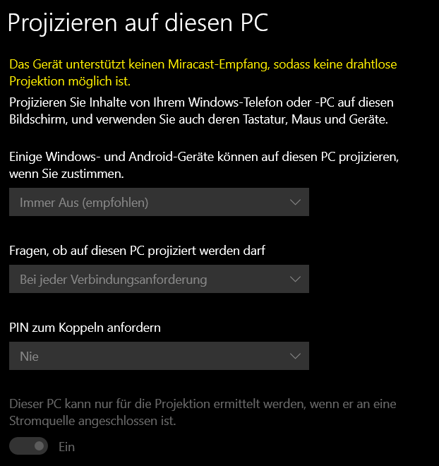 Miracast Empfang nicht unterstützt, obwohl Senden funktioniert?