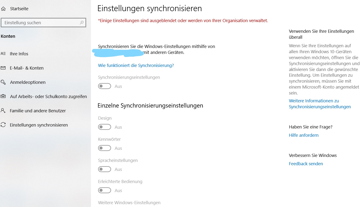 Synchronisation von Einstellungen kann wegen "Organisation" nicht verändert werden