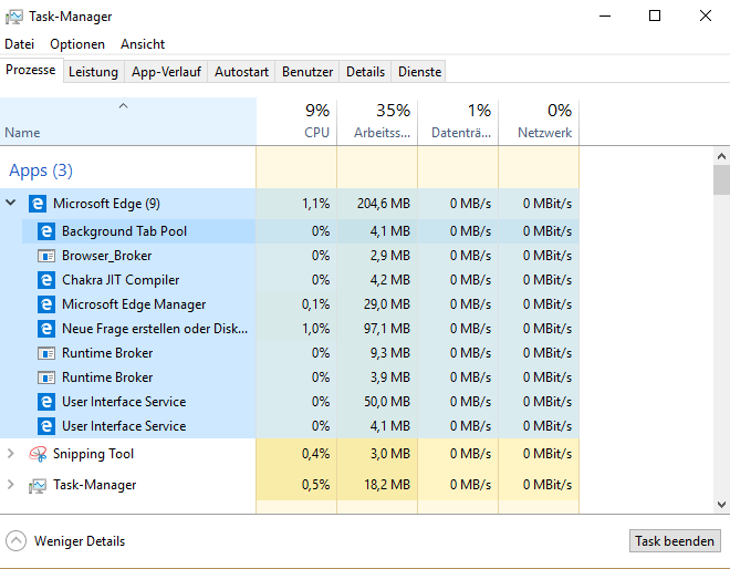 Microsft Edge im Taskmanager sieht merkwürdig aus.