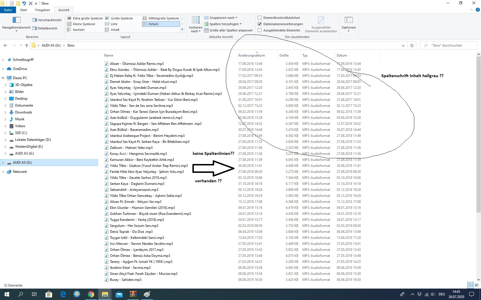 Datei Explorer - Spalteninhalt Schrift hellgrau