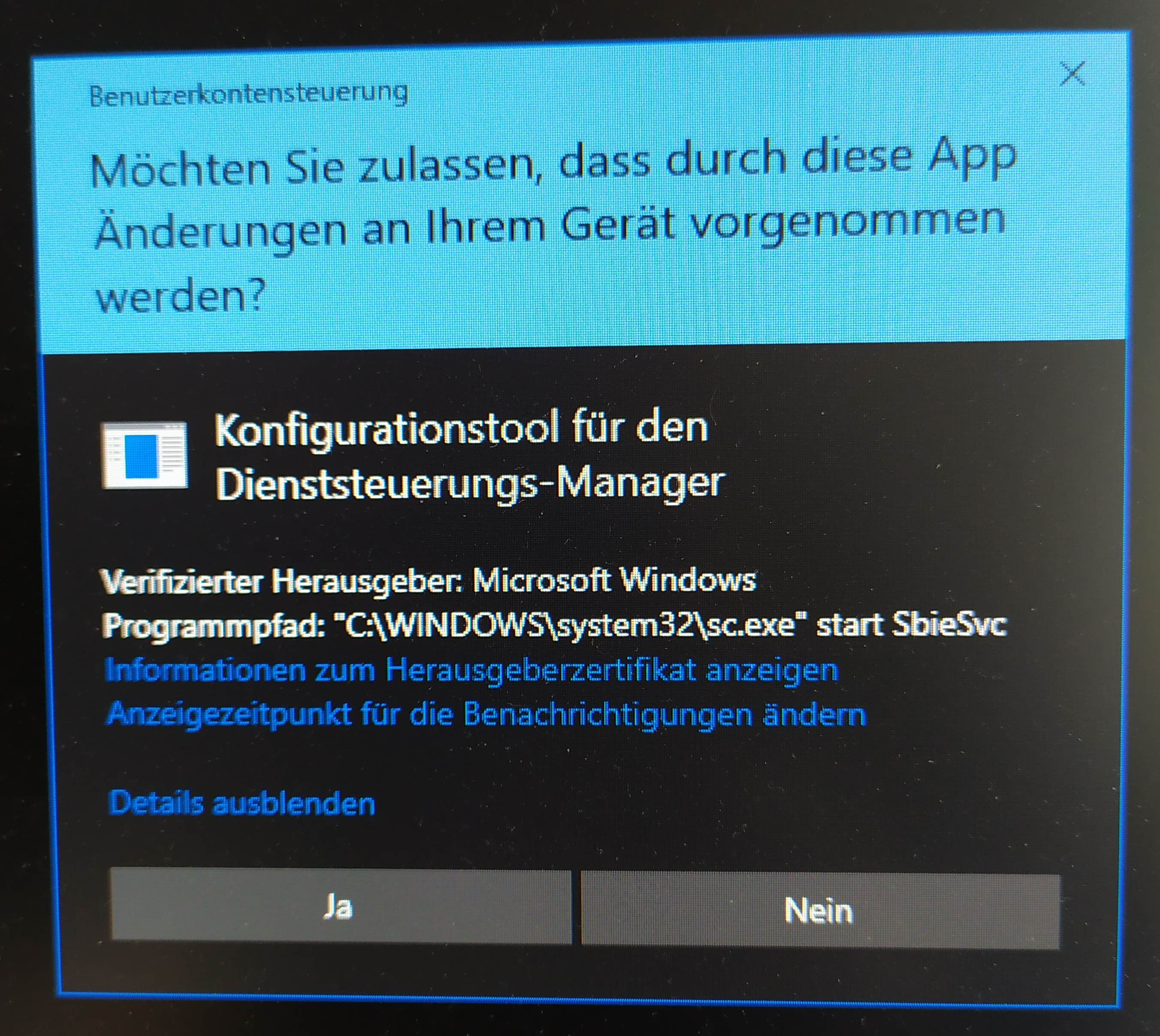 SC.exe fragt nach jedem Login nach Rechten. Wie stoppen?