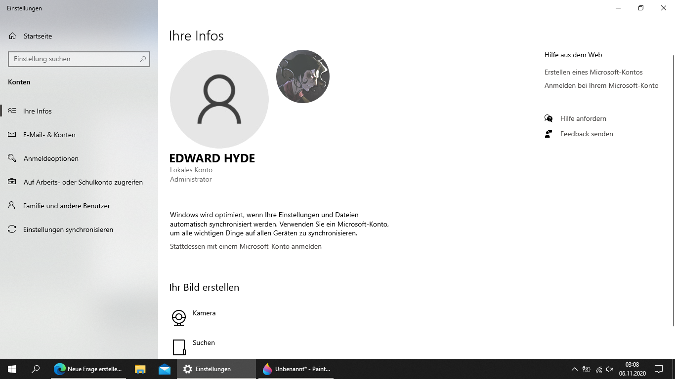 Nach Erstellung von Outlook-Konto neues Benutzerkonto das nicht zu löschen ist.