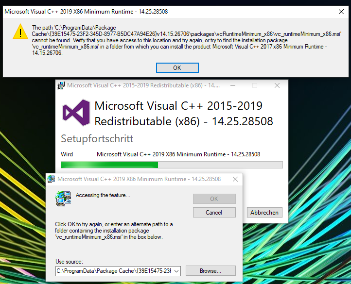 Windows 10 - Microsoft C++ 2015-2019 Redistributable x64 - 14.25.28508 Error