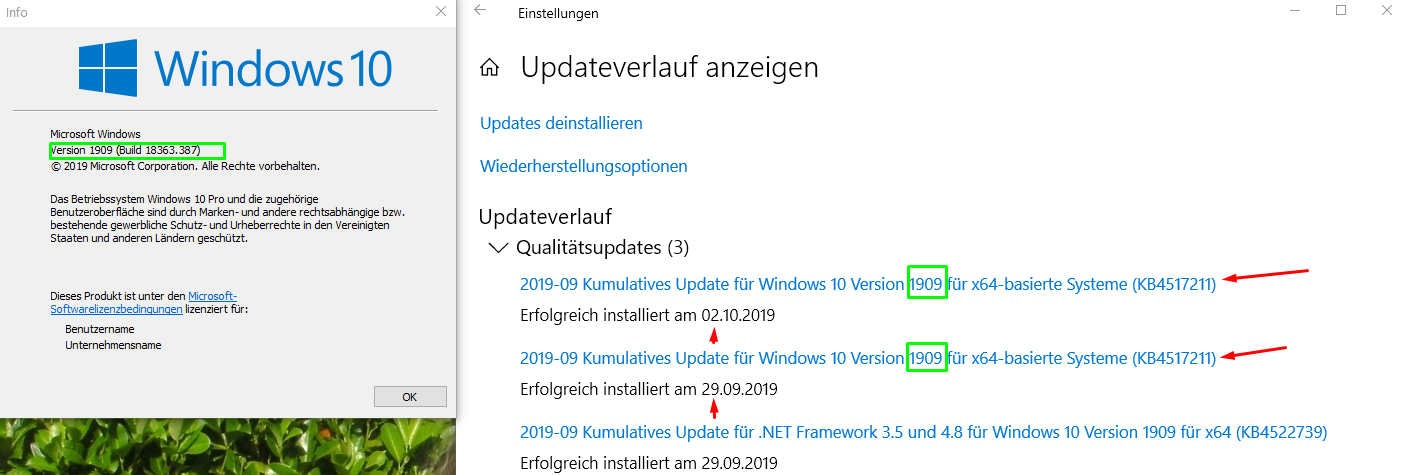 W1909  Mehrfach Update installiert