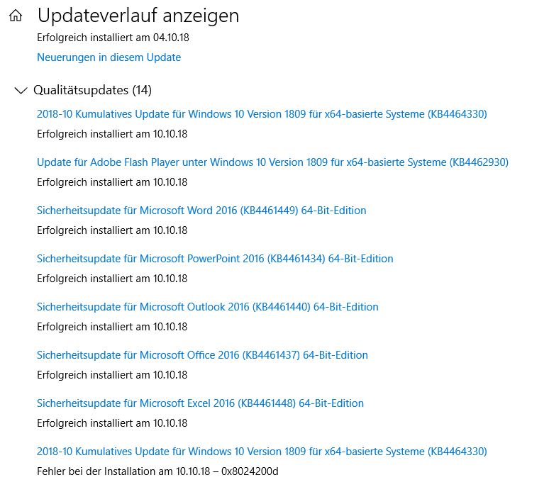 Windows 10 Pro (64 Bit) Version 1809 - Fehler bei Update-Installation am 10,10.2018 (KB6464330)