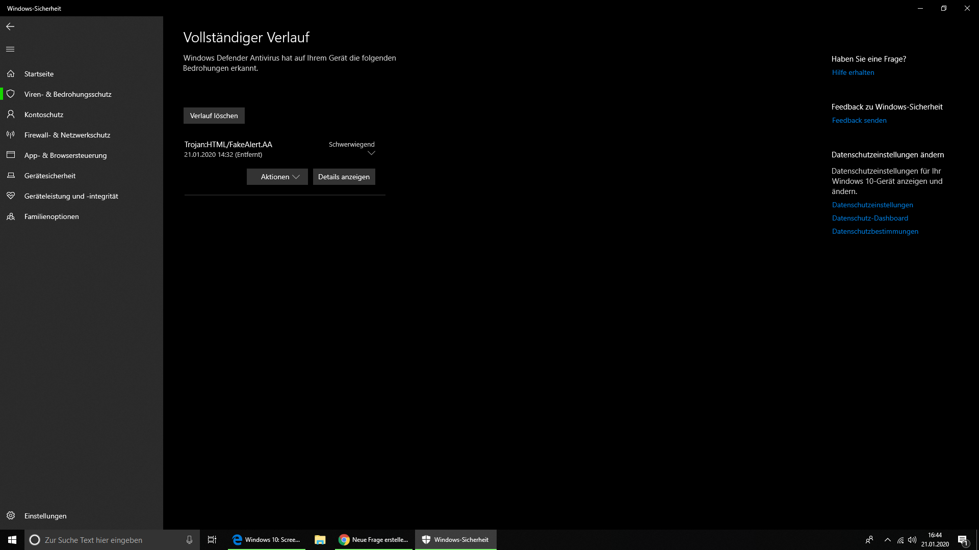 Trojan:HTML/FakeAlert.AA wurde von Windows Defender erkannt und nun weiß ich nicht was ich...
