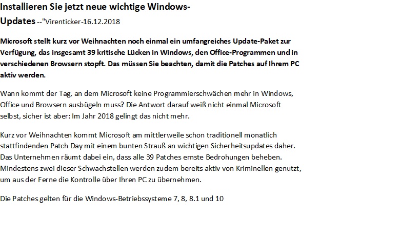 Wichtige Windows-Updates vor Weihnachten 2018