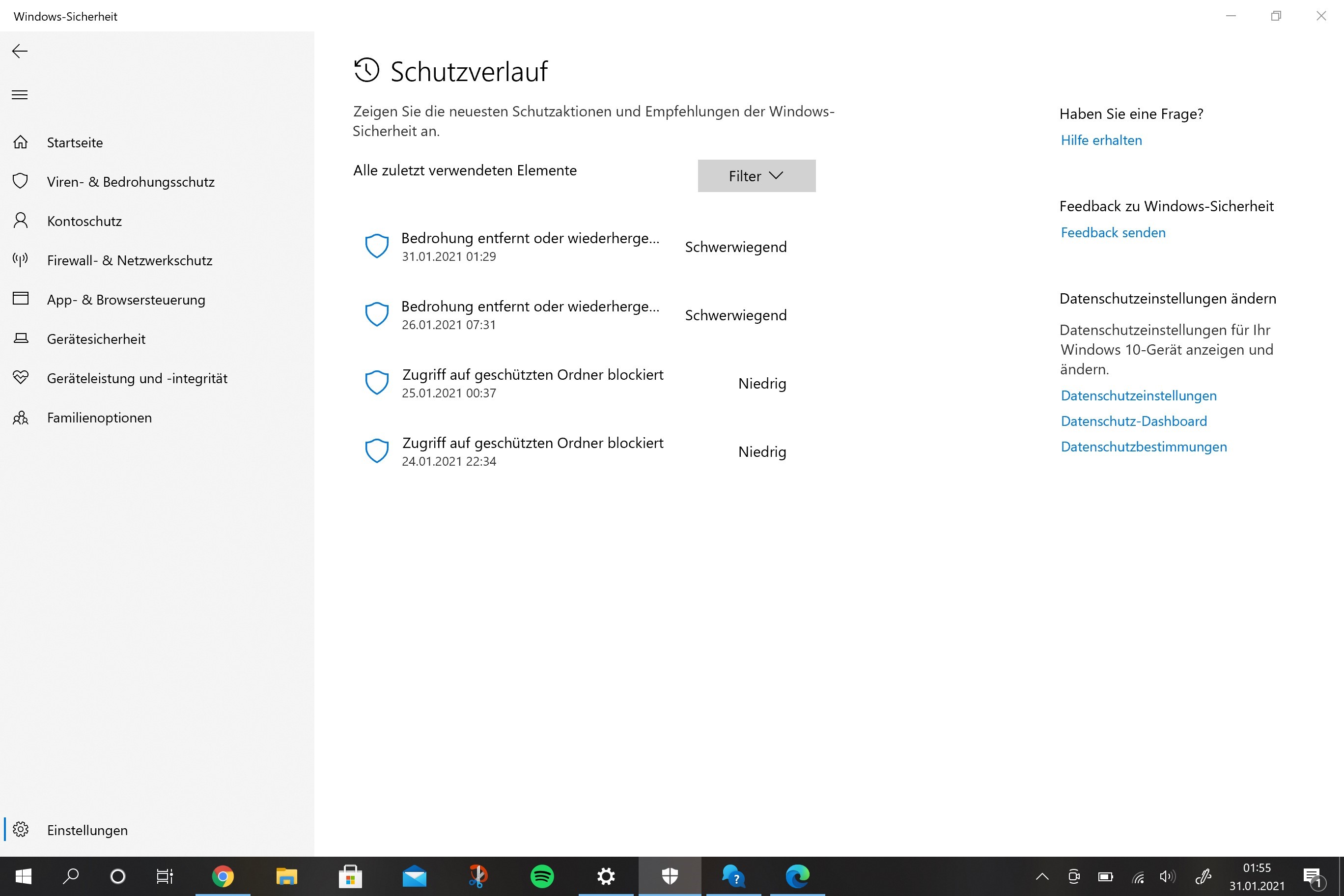 Windows-Sicherheit; Viren- & Bedrohungsschutz; Schutzverlauf