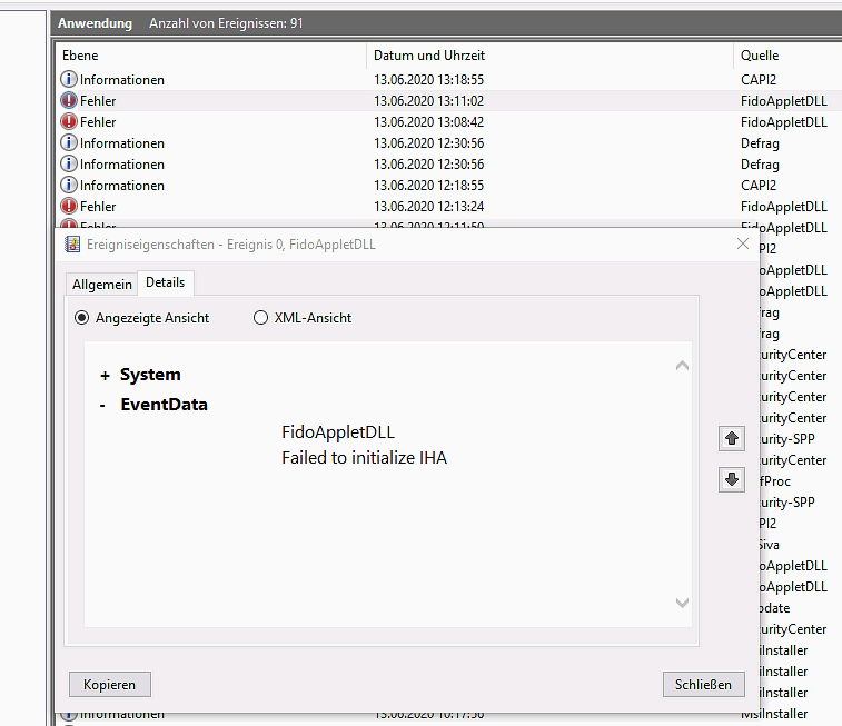 FidoapplettDLL  Fehlereintäge