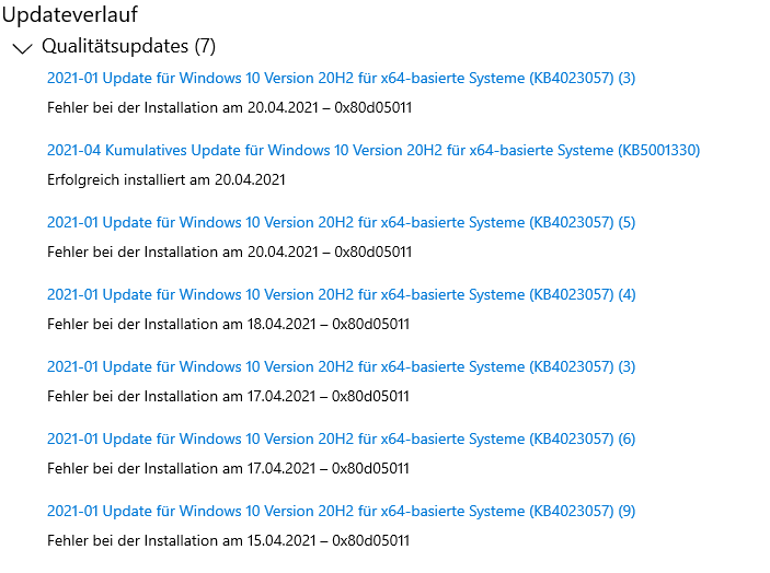 Beim Herunterladen einiger Updates sind Probleme aufgetreten 0x80d05011