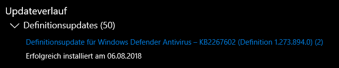 Windows 10 1803 Defender Virensignaturen doppelt heruntergeladen und installiert