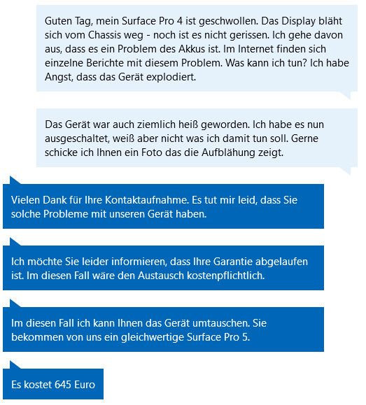 Akku von Microsoft Surface Pro 4 hat sich aufgebläht, keine hilfreiche Kulanz von Microsoft