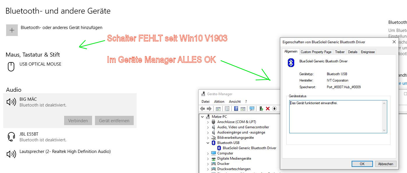 Bluetooth geht nicht mehr seit Version 1903