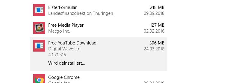 App löschen aus Einstellungen/Apps&Features