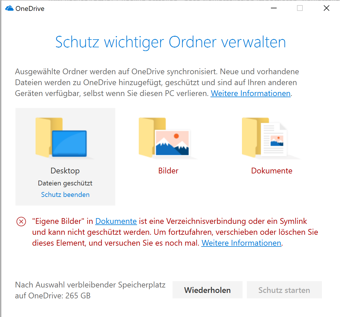 "Schutz wichtiger Ordner verwalten" -> Symlink Fehler