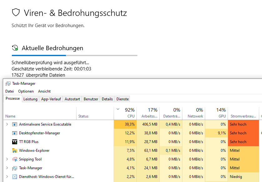 Spontan 100% CPU Auslastung durch Windows-Defender