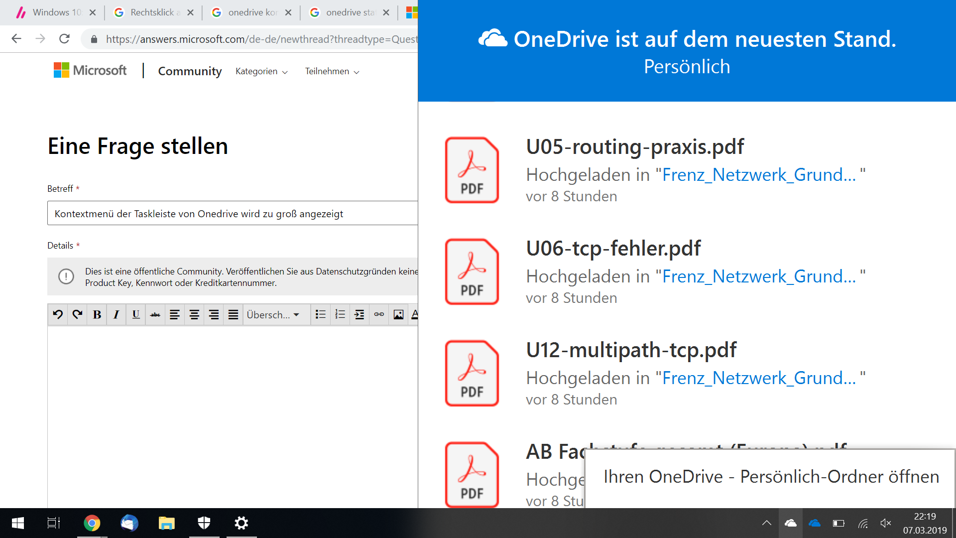Kontextmenü der Taskleiste von Onedrive wird zu groß angezeigt