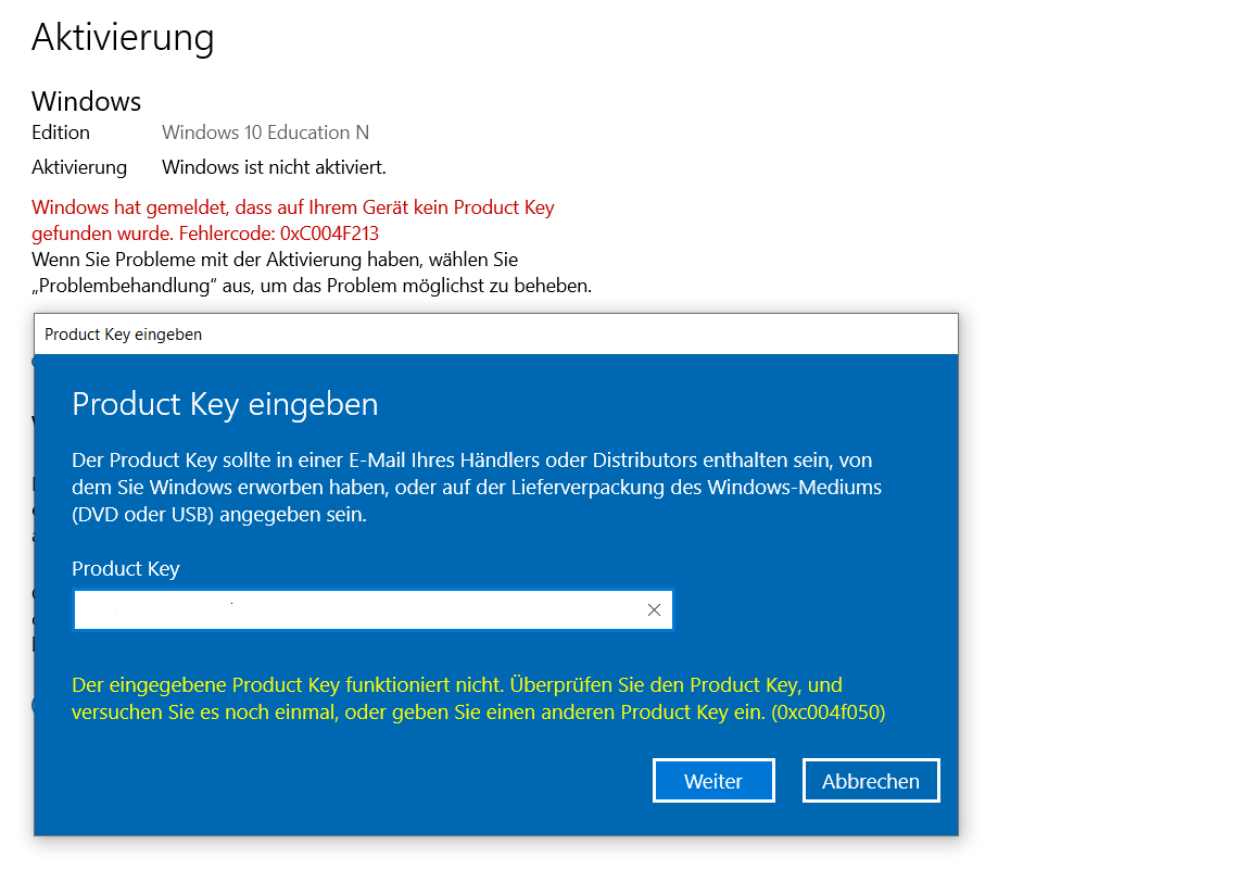 Neuinstalltion von Win 10 Edu N nicht aktivierbar