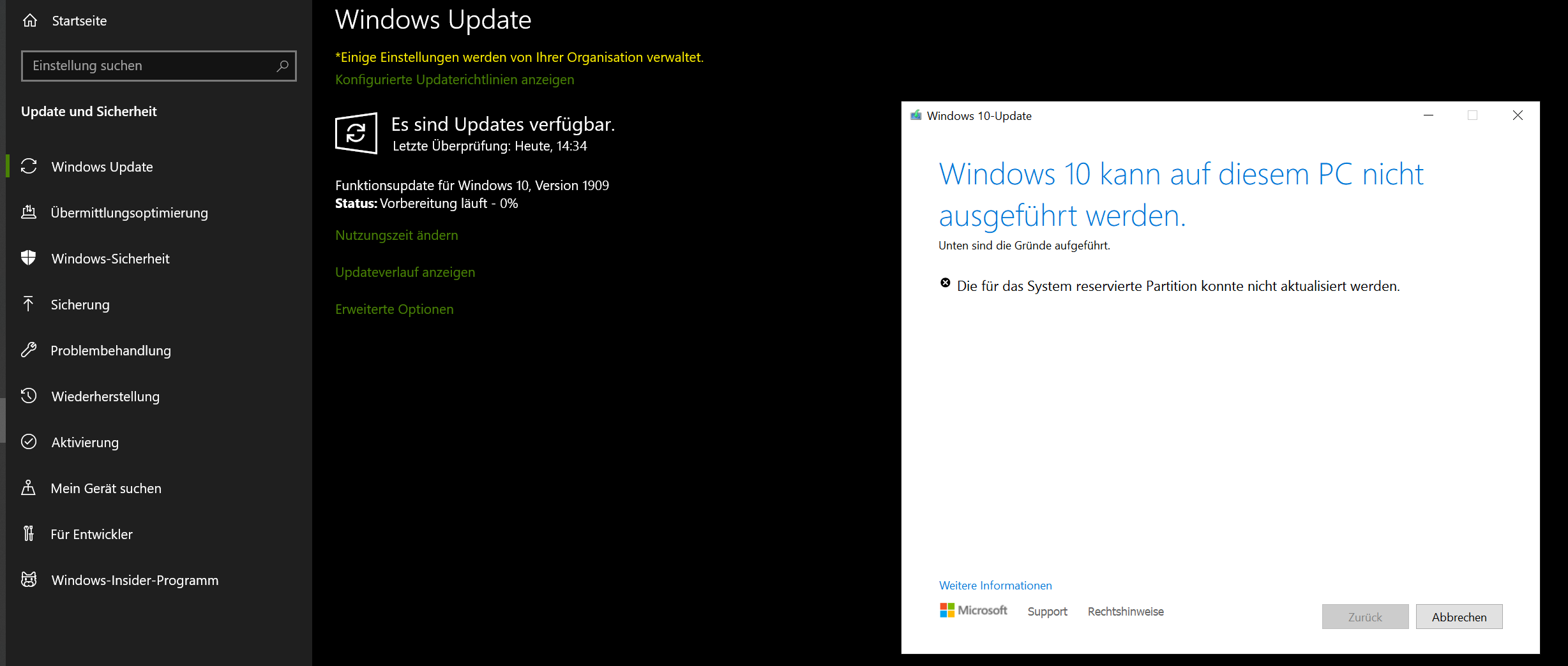 Windows 10 Upgrade: errorCode 0xc1900201, Die für das System reservierte Partition kann...