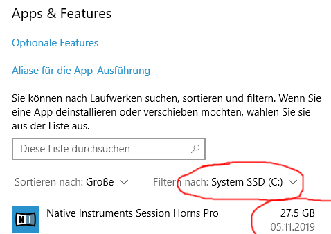 Auf anderer Festplatte installierte Software wird auf C angezeigt und belegt Speicher