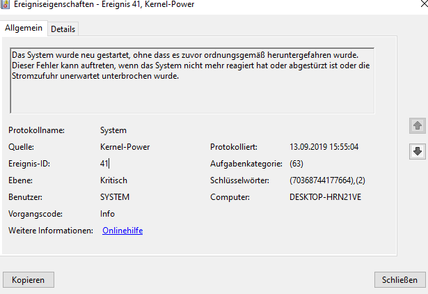 Ständiger Absturz nach Fehlercode 41