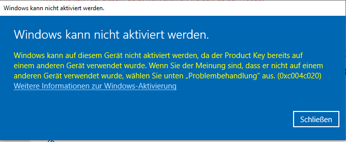 Windows nicht mehr aktiviert und lässt sich auch nicht wieder aktivieren