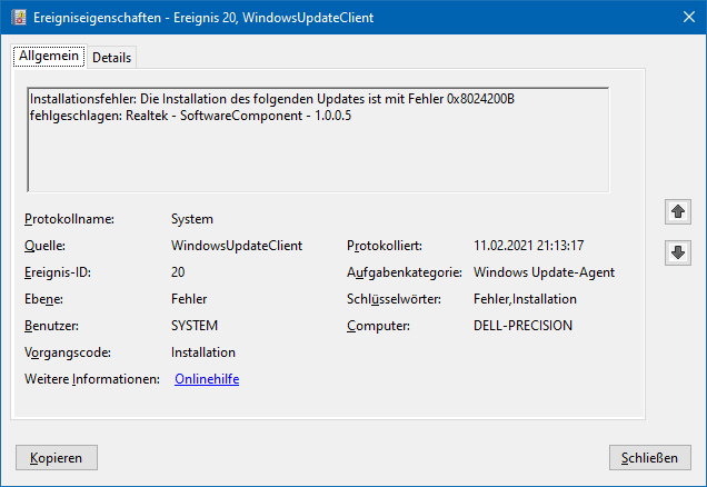 Realtek SoftwareComponent - 1.0.0.5 fehlgeschlagen