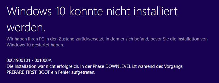 Update 1809 fehlgeschlagen: 0xC1900101 - 0x100A