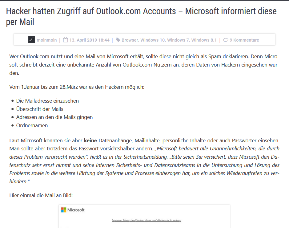 Habe gerade vom gehackten Outlook.com Accounts gelesen