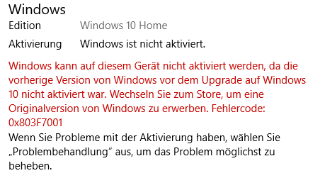 Windows 10 aktivierung schlägt fehl. 0x803F7001