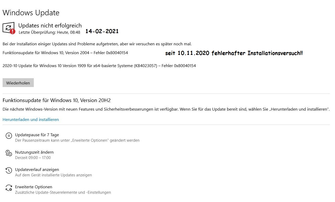 Installationsprobleme mit Funktionsupdate W10 Version 2004