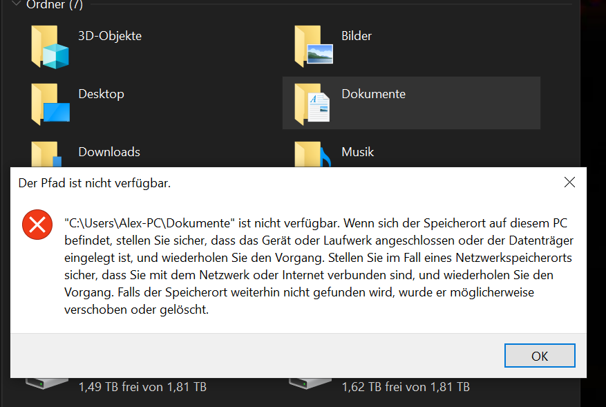 Dokumente Ordner Fehlermeldung bei öffnen?!