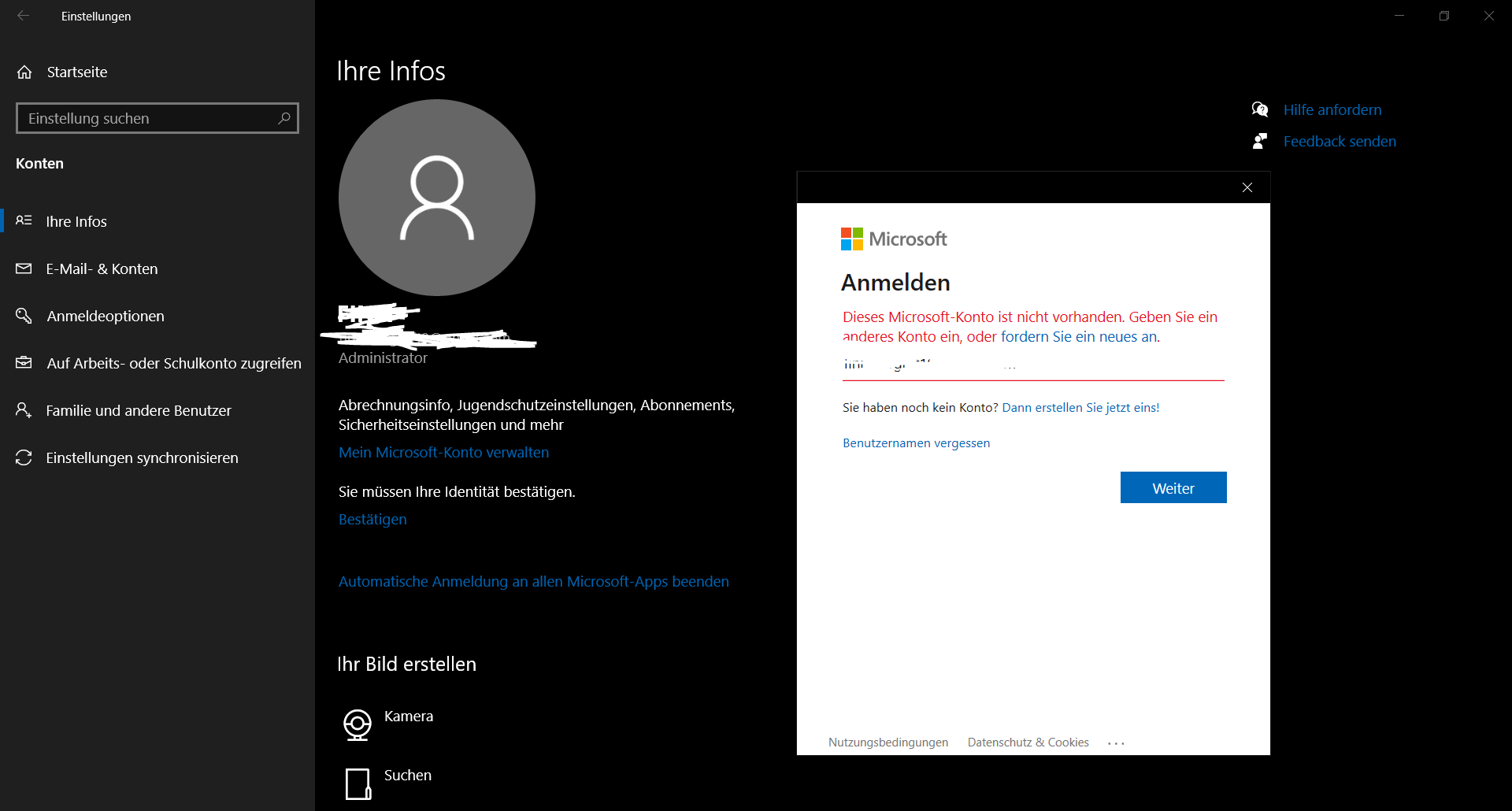 Microsoft Konto Verknüpfung auflösen von einem Konto was nicht existiert